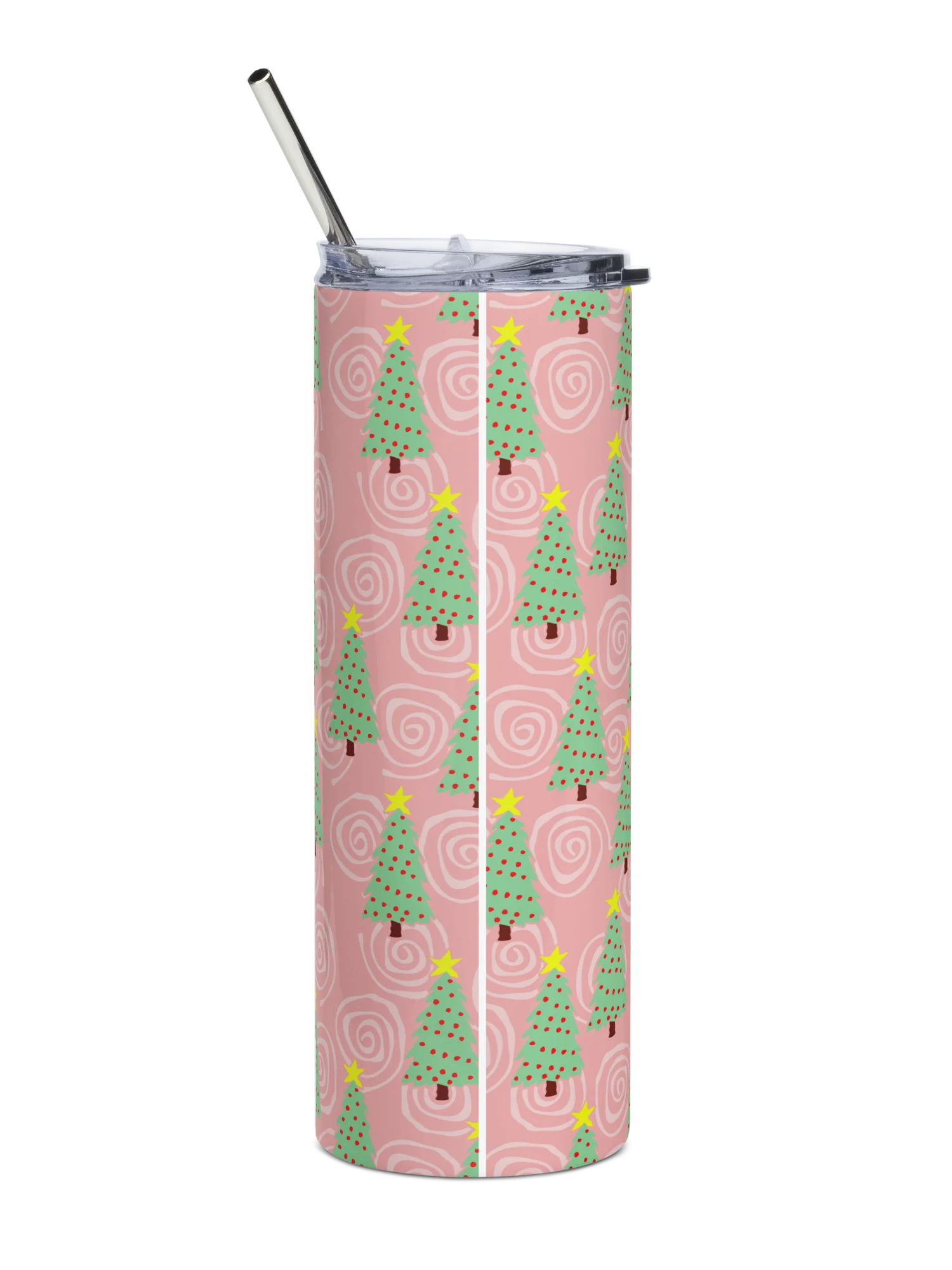 Green Christmas Trees on Pink Spirals Stainless Steel Tumbler with Straw product image (12)