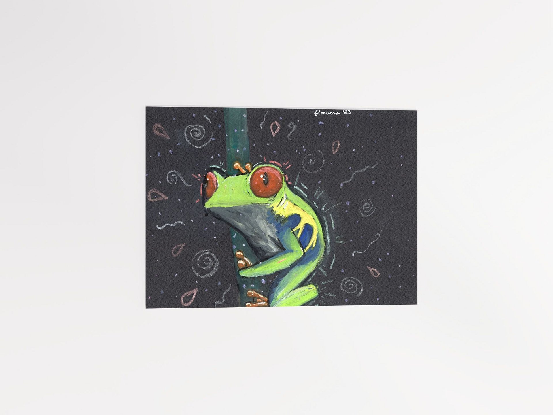 vibrant green tree frog - gouache and watercolour on black paper - print product image (11)