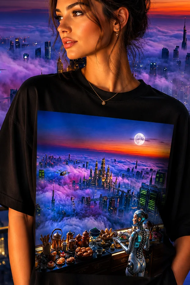 Gift for Sci-Fi Fans | Cozy Cyberpunk Robot Breakfast Oversized Faded T-Shirt | Futuristic Techwear Streetwear Gift product image (1)