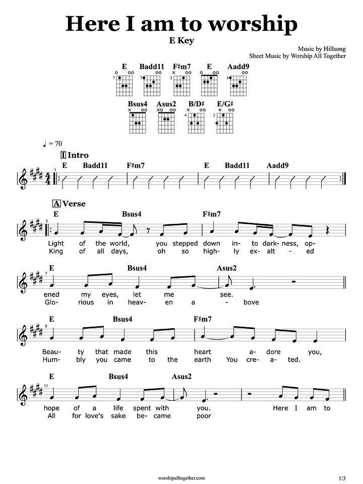 Here I Am To Worship - Hillsong Live | Sheet Music, Chord, Lyrics product image (1)