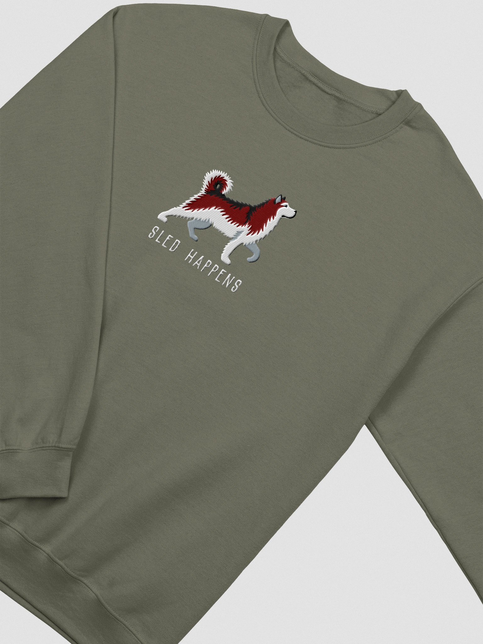Sled Happens Sweatshirt (Embroidered) of an Alaskan Malamute(Red & White) product image (6)