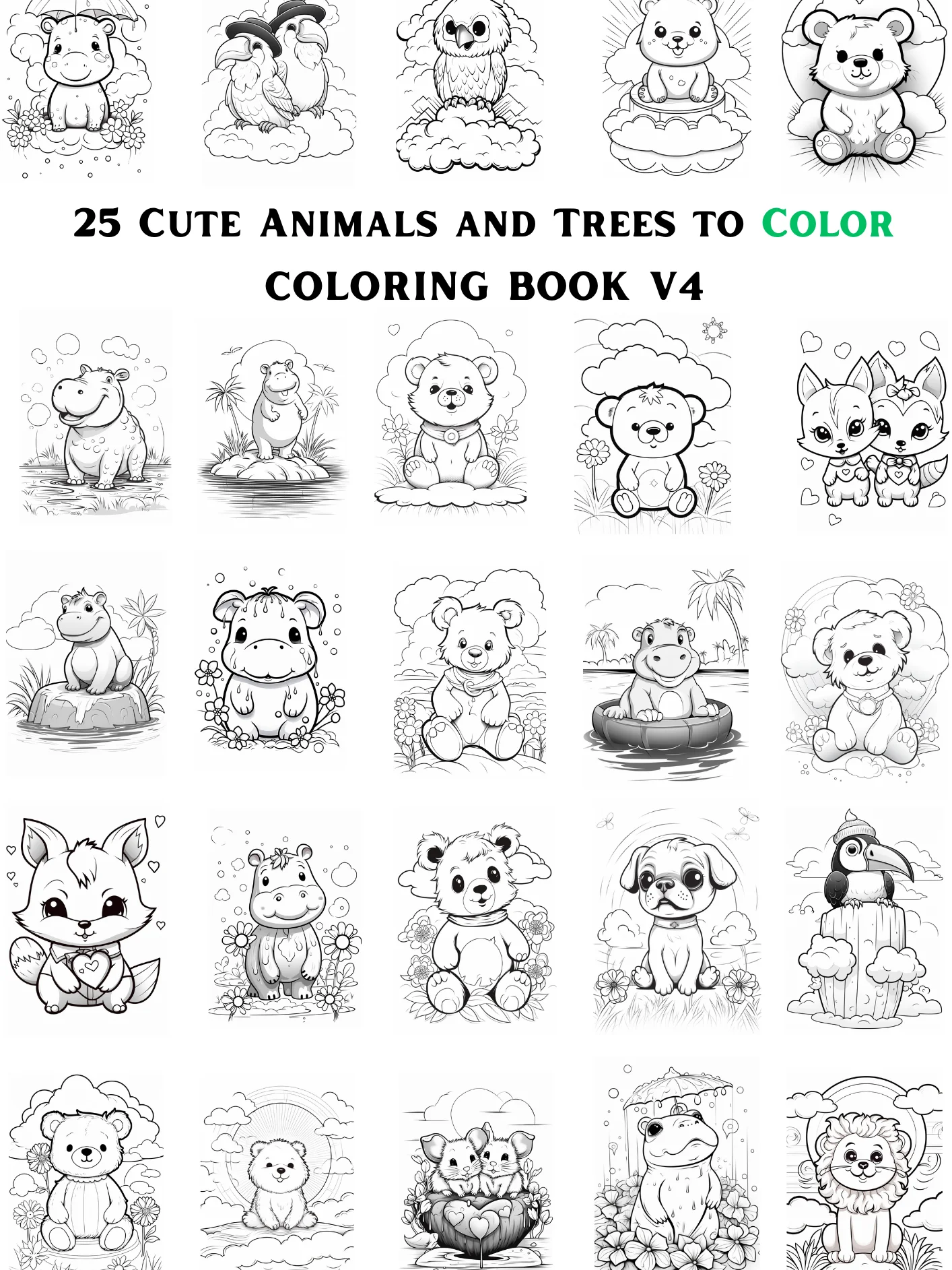 25 CUTE ANIMALS AND TREES TO COLOR 🎨 PRINTABLE ANIMALS COLORING BOOK V4🖍 product image (1)
