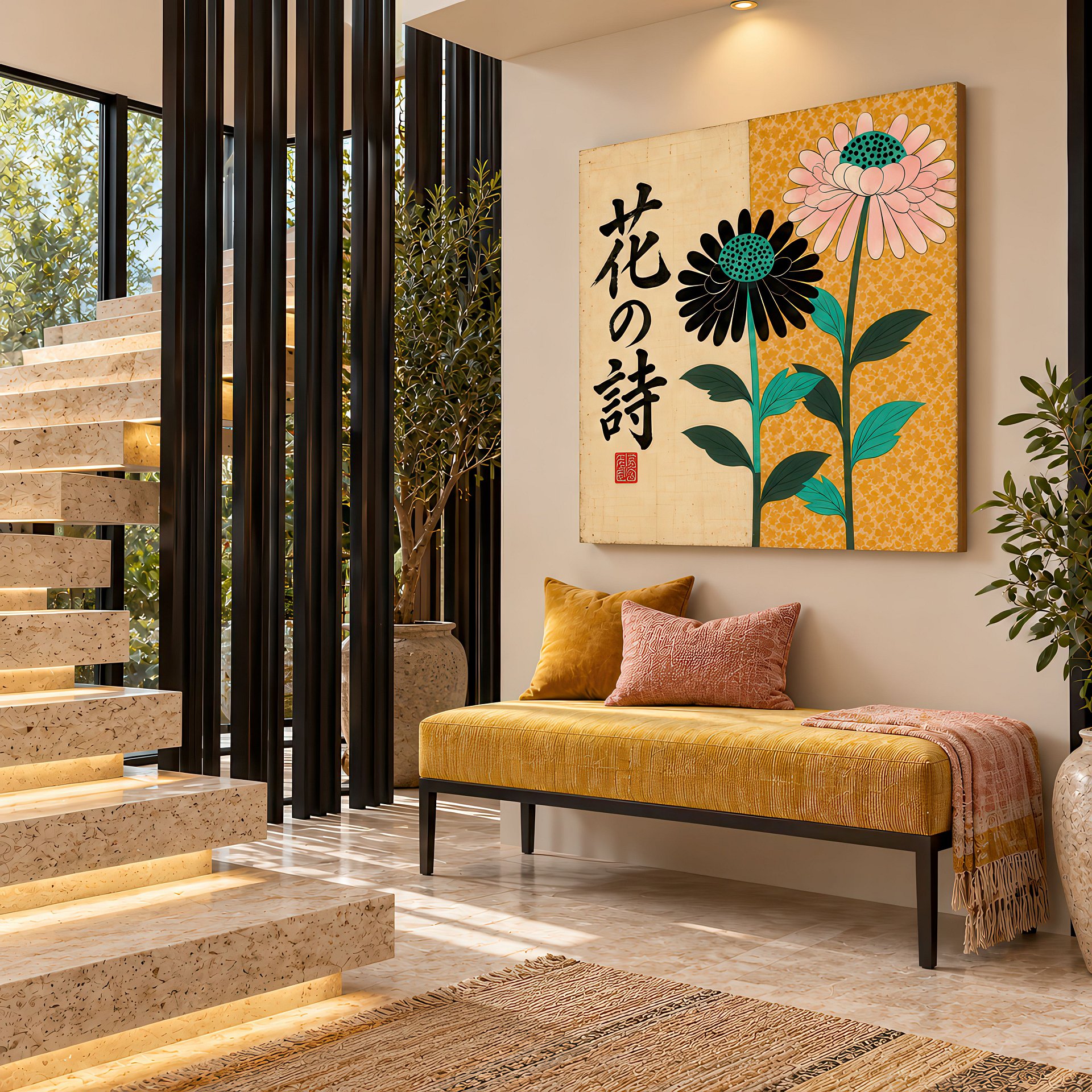 Hana no Uta | Japanese Floral Modernist | Birch Wood Art Panel | Wall Decor | 24×24″ (60x60 cm) product image (4)