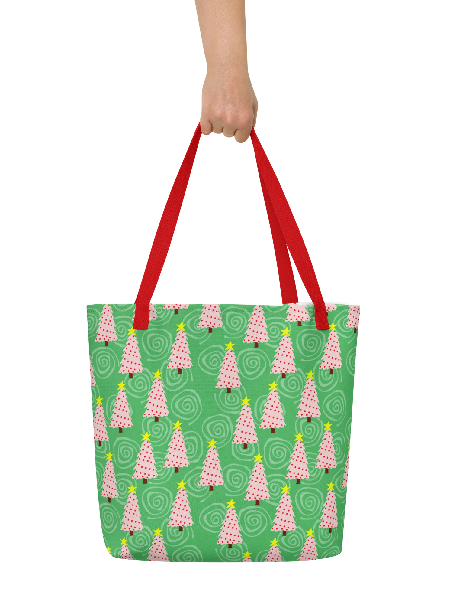 Pink Christmas Trees on Green with Swirls – Large Tote Bag product image (6)