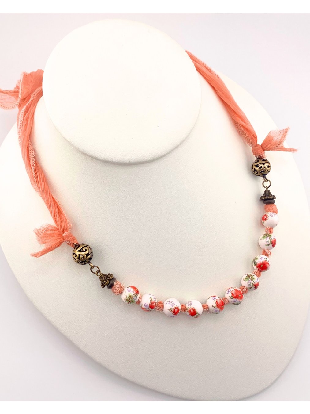 Peach Floral Beaded Necklace on SIlk Ribbon product image (1)