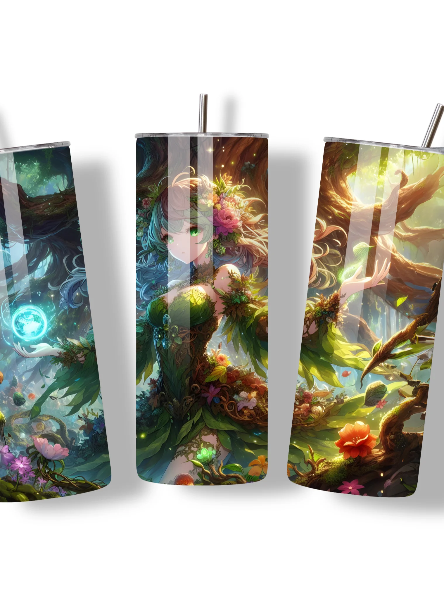 Elemental Anime Girl 20oz Skinny Tumblers with Metal Straws – Fire, Water, Earth, and Wind Designs – Double-Walled Insulated Stainless Steel Tumbler, Gift for Anime Fans and Nature Lovers (Earth) product image (3)