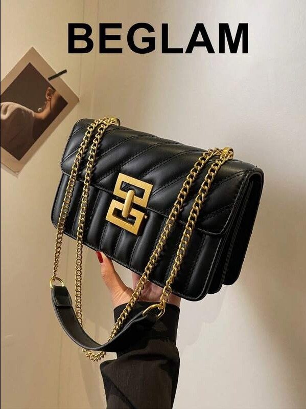 ADLEST | Minimalist Metal Decor Chain Shoulder Bag, Elegant PU Crossbody Bag, Flap Shoulder Bag, Women's Fashion Handbag & Phone Pouch product image (1)