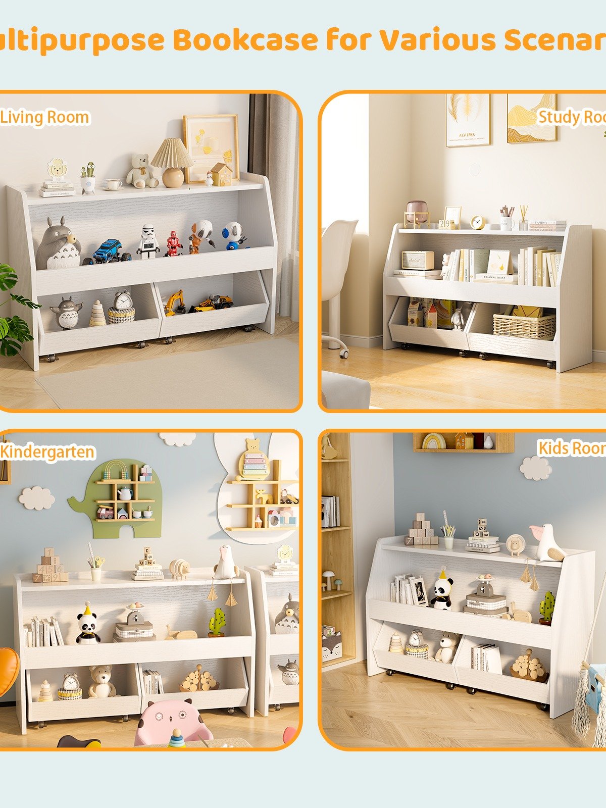 2-Tier Portable Toy Storage, Kids Toy Organizer W/2 Removable Bins with 4 Wheels（White) product image (9)