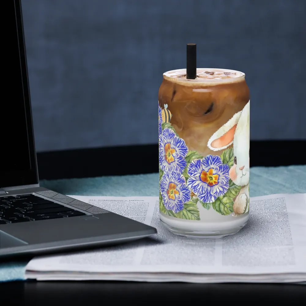 Garden Whispers: Bunny and the Primula Zebra Blues | 16oz Glass Can | Nature-Inspired Drinkware product image (3)