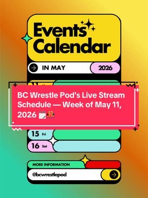 🗓️ Shorter week, sharp coverage! BC Wrestle Pod is going live two nights with all your midweek wrestling talk! Here's the schedule: 🌙 TUE 5/12 — AEW Post-Show Discussion @ 6PM 🌙 WED 5/13 — NXT + CMLL Post-Show Discussions @ 5:30 + 8PM Follow @bcwrestlepod so you never miss a stream! 🙌 #BCWrestlePod #AEW #NXT #CMLL #ProWrestling
