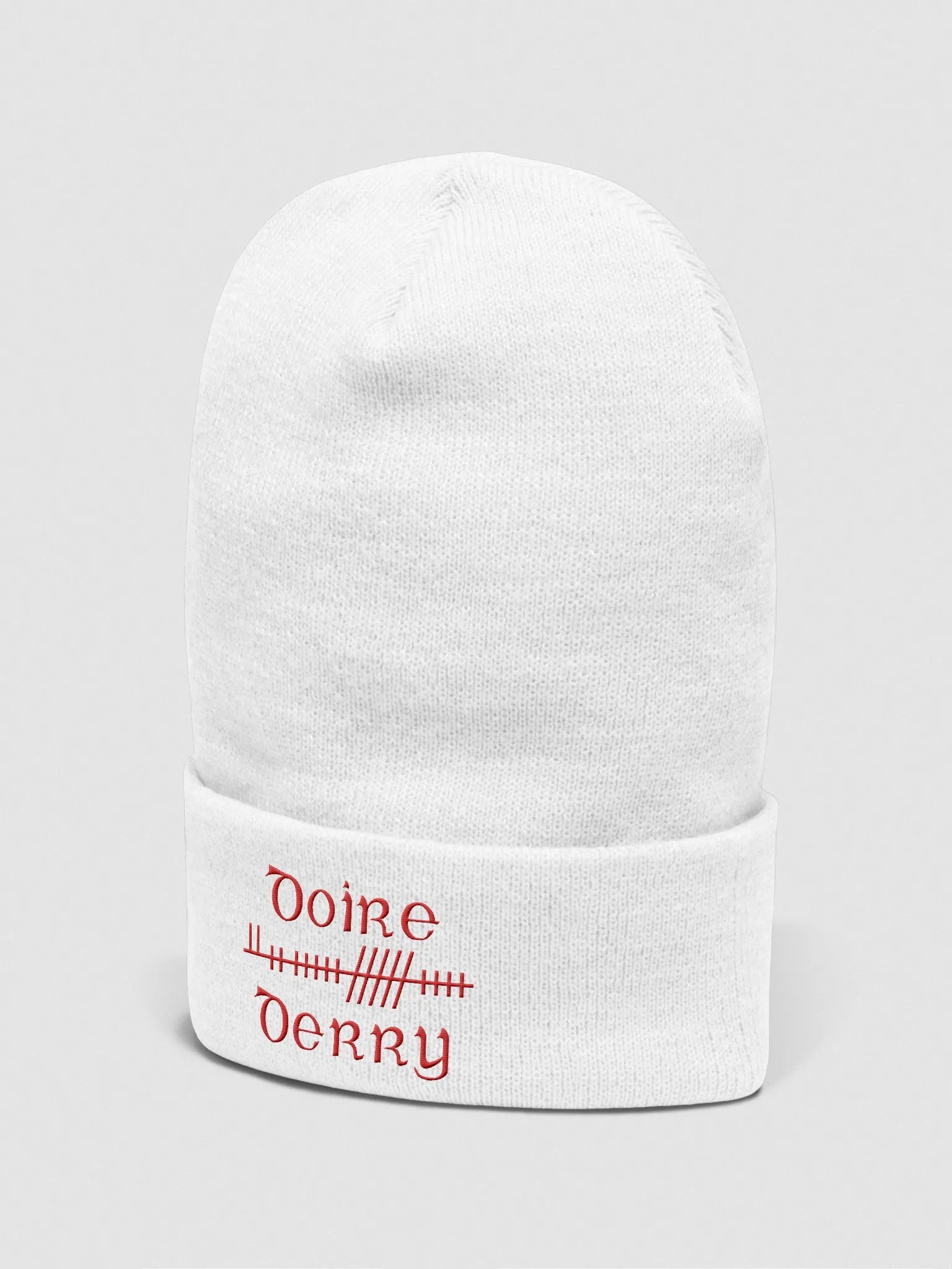 Derry/Doire, Orthodox style Ogham, white with red, embroidered Cuffed Beanie product image (2)