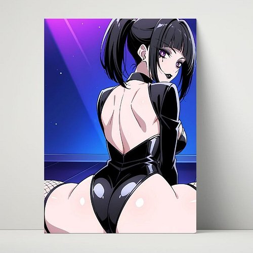 Luna Rain 🖤✨ Original character in black latex back view. 26yo emo soul, ponytail, purple eyes, stage lights glow. Mysterious...