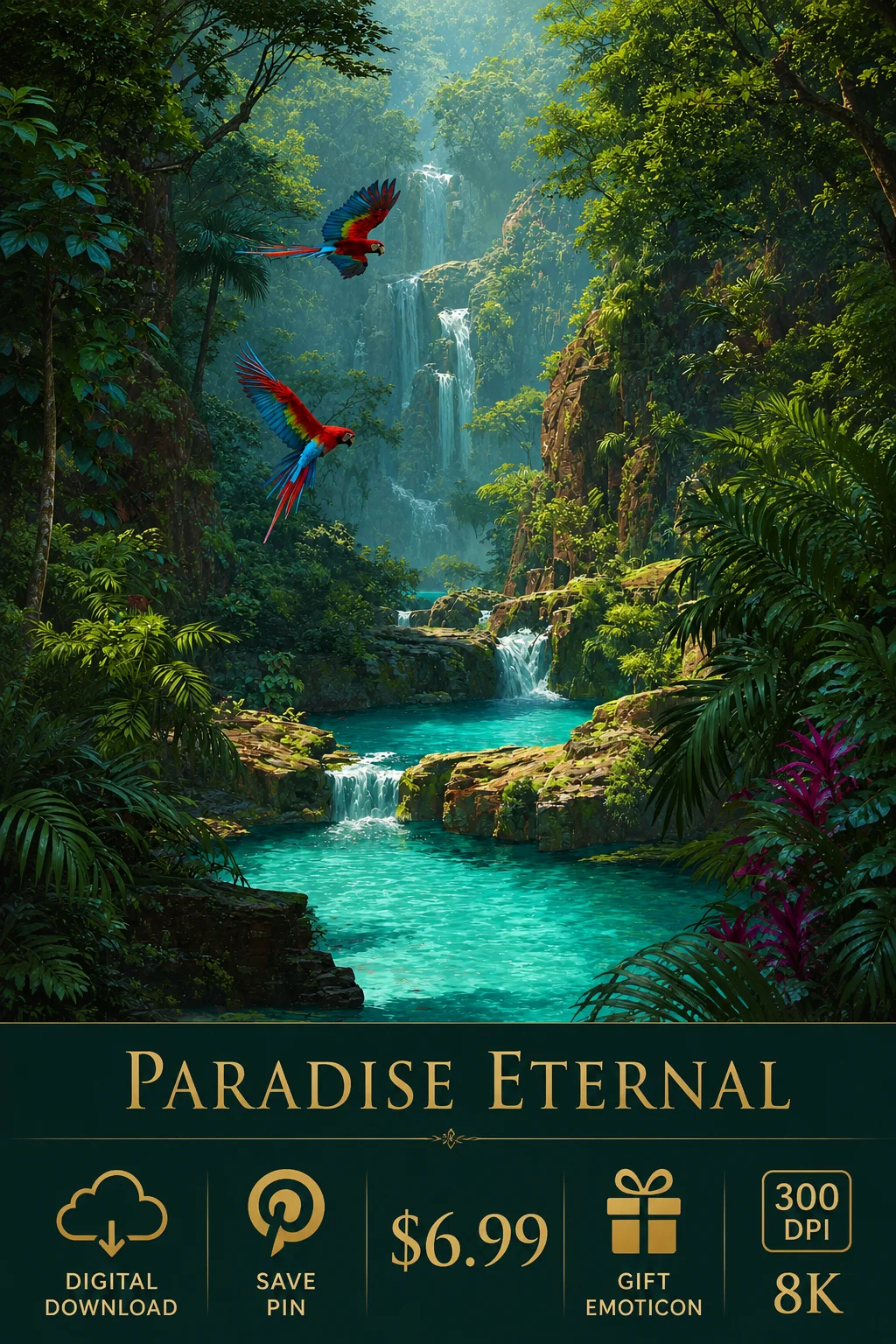 Paradise Eternal Tropical Waterfall Wall Decor, Macaw Jungle Digital Download 8Kx8K Printable Art product image (1)