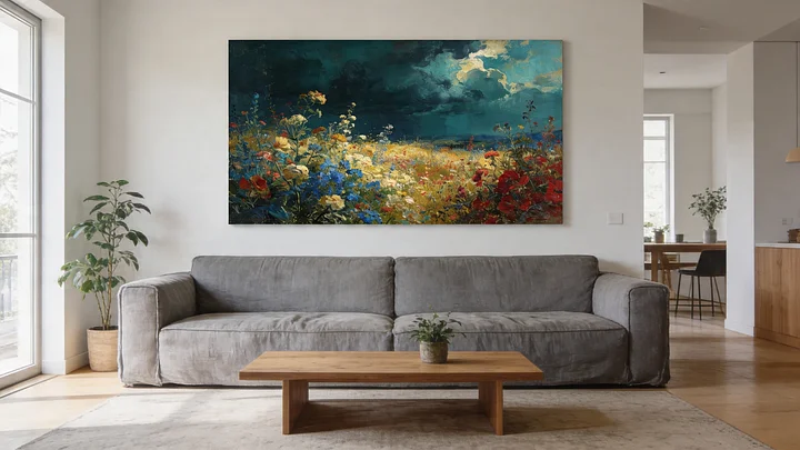 Storm Over the Wildflower Field | Dark Impressionist Oil Painting Print | Moody Botanical Landscape | Teal Sky Wall Art product image (2)