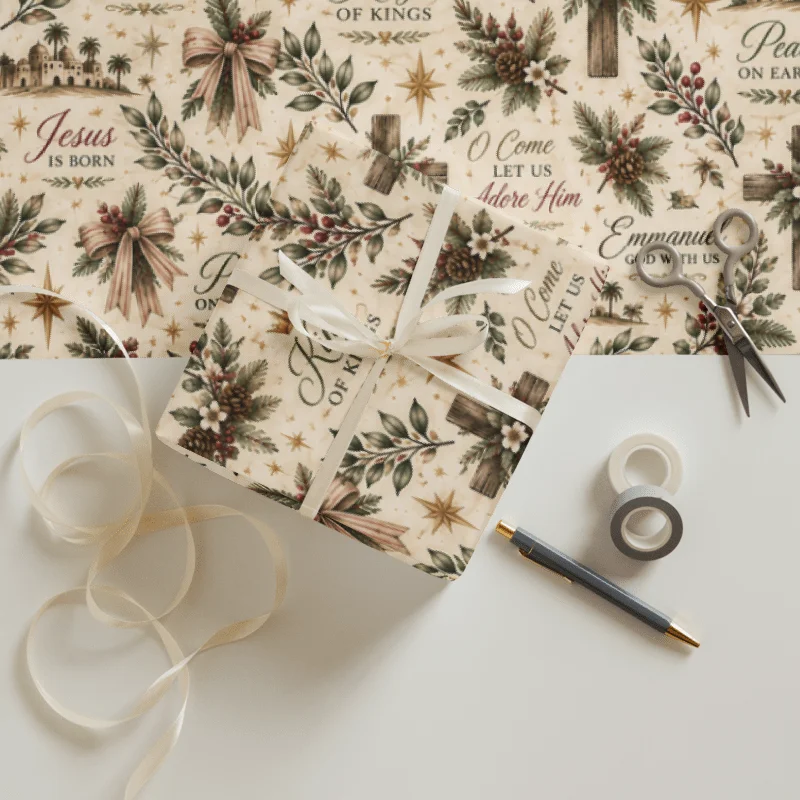 Rustic Faith Christmas Wrapping Paper Collection | Christian Nativity, Cross & Scripture Gift Wrap product image (7)