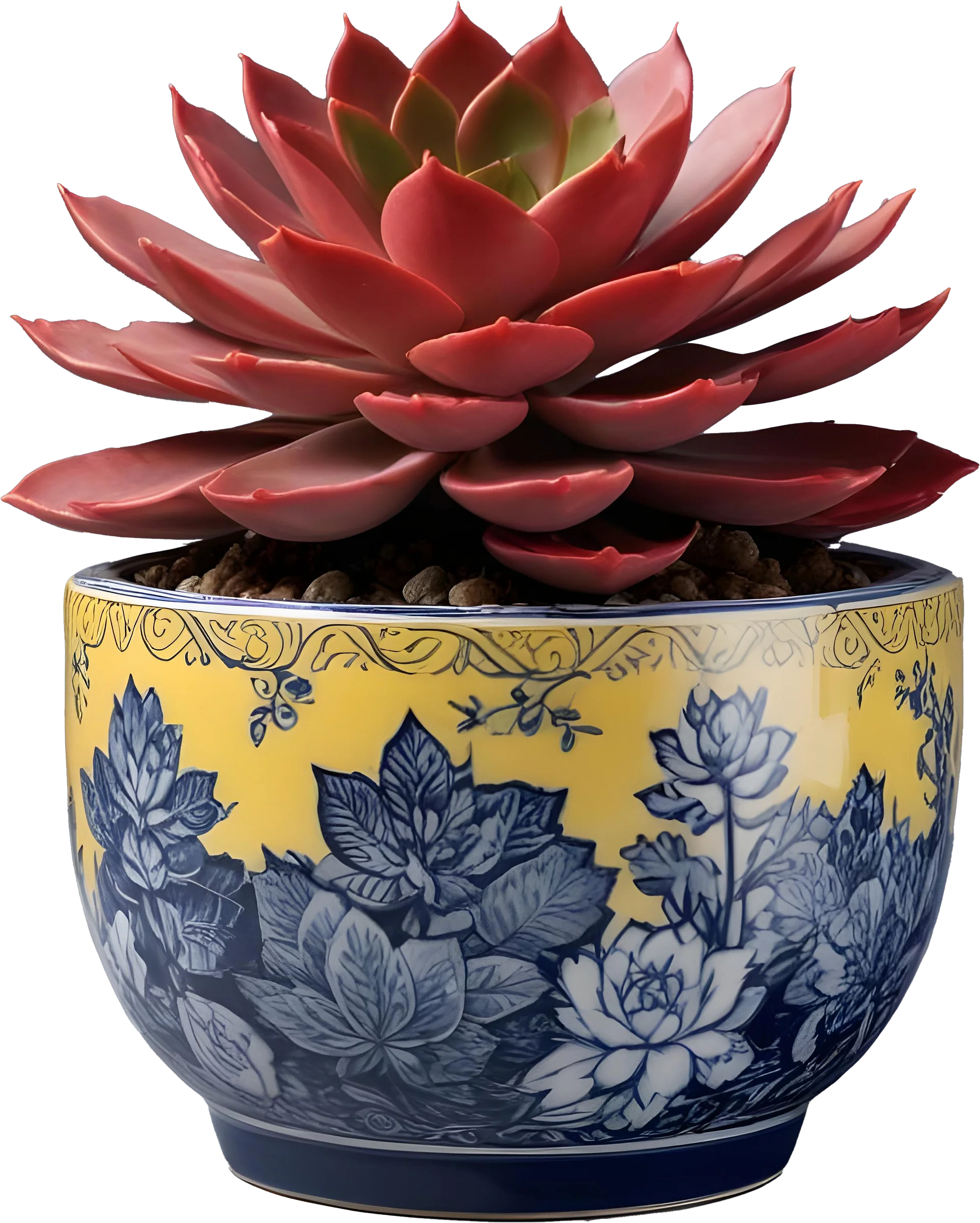 Chinese Porcelain Pot with Yellow and Navy Floral Design PNG product image (1)