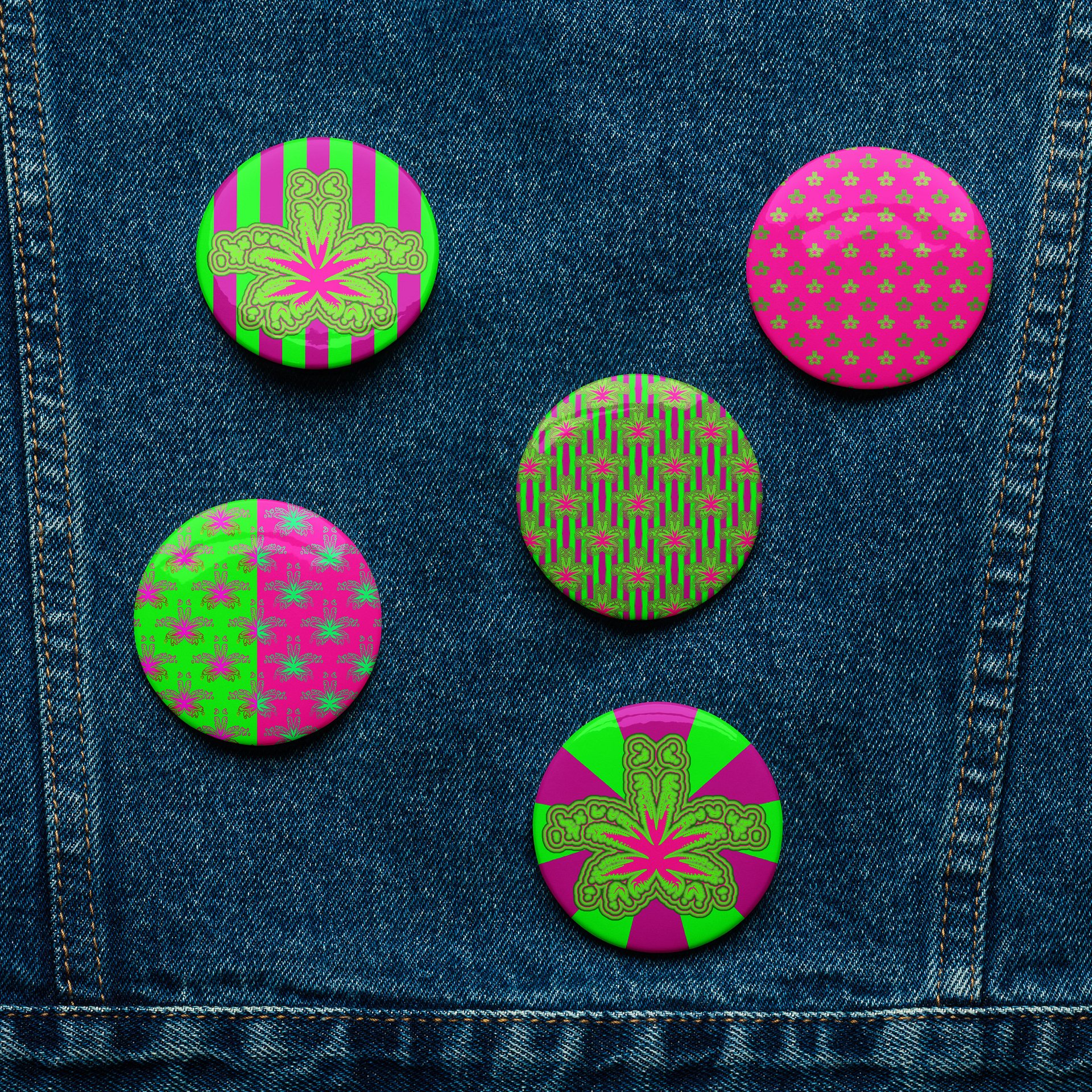 Neon Green Hot Pink Pot Leaf Pins, Stoner Circus Cannabis Art Pin Button Set, Weird Weed Accessories product image (5)