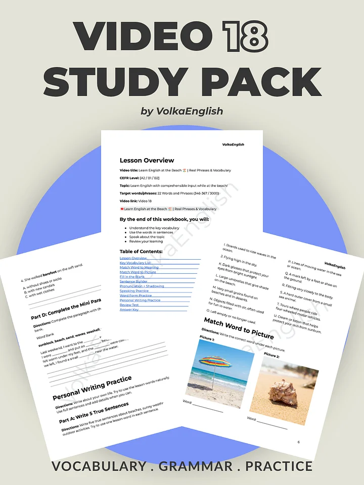 Learn English at the Beach 🏖️ | Real Phrases & Vocabulary - Video 18 Study Pack product image (1)