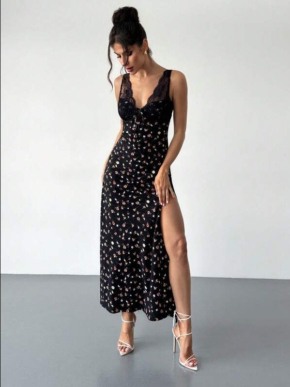 ADLEST New Arrival Women's Elegant Romantic Black Ditsy Floral Lace Splicing Lace-Up Backless High Slit Dress product image (1)