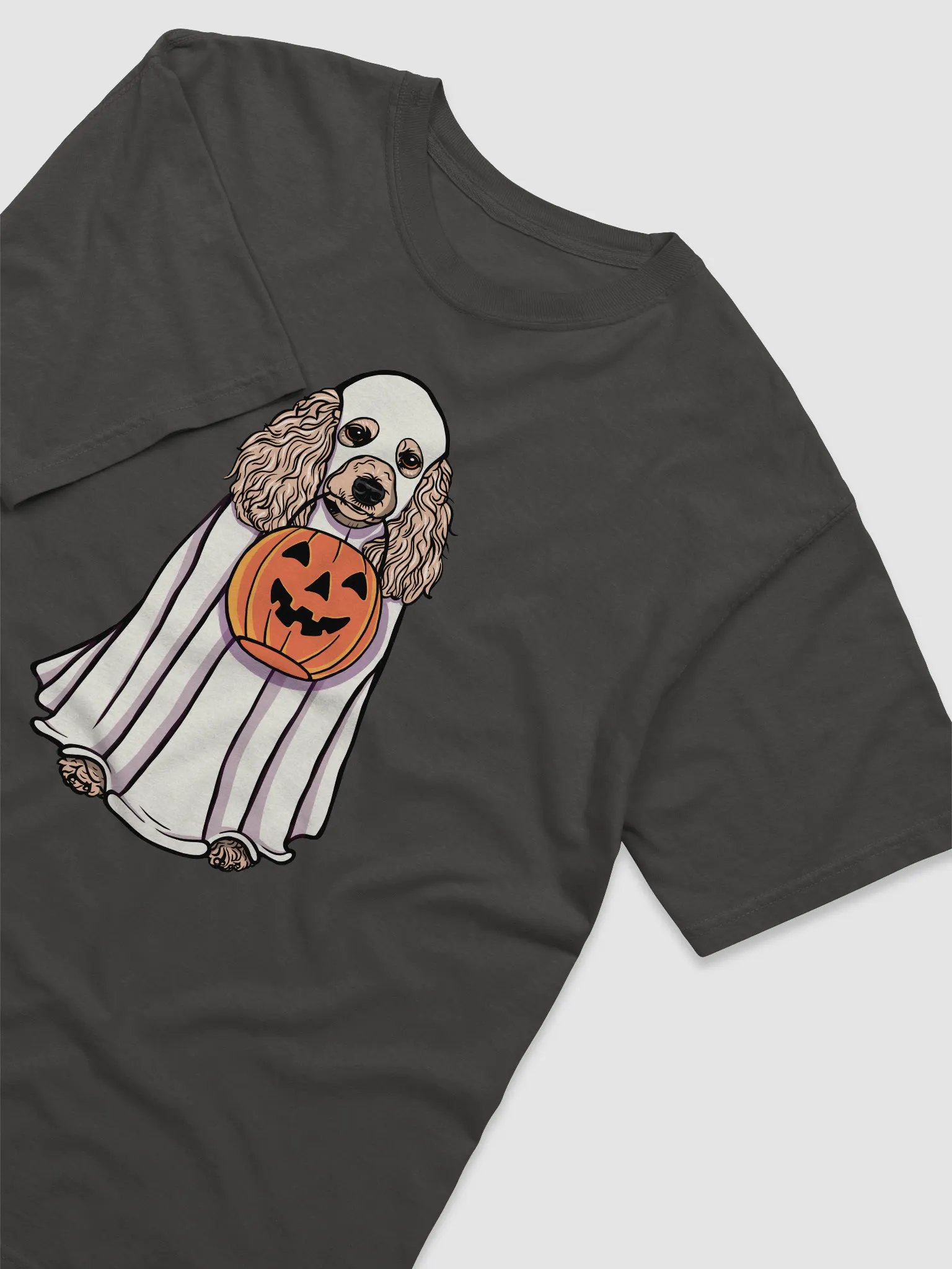 Funny Halloween Poodle(Beige) T-Shirt | Funny Papillon Wearing a Ghost Costume and Holding a Pumpkin Basket product image (6)