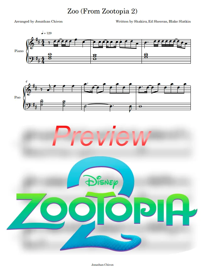 Zoo (Zootopia 2) Piano Sheet Music product image (1)