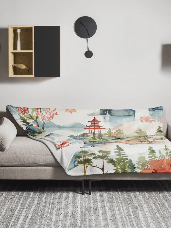 Japanese Pagoda Watercolor Throw Blanket - Zen Landscape Art Fleece product image (13)