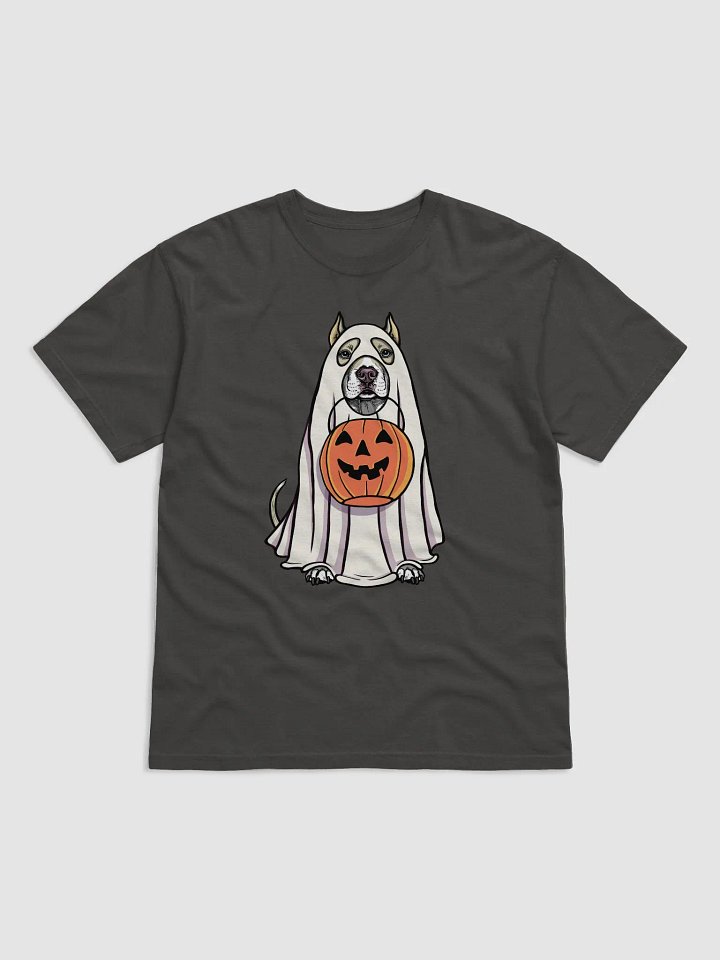 Funny Halloween Pitbull Terrier(Cropped Ears, Fawn) T-Shirt | Funny Pittie Wearing a Ghost Costume and Holding a Pumpkin Basket product image (1)