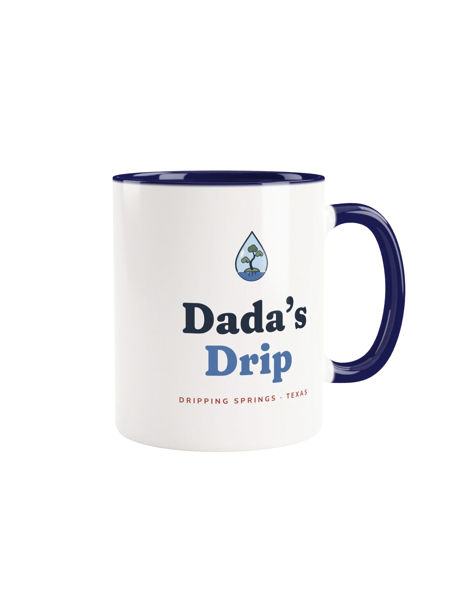 Dada’s Drip Mug: the Juniper Drip droplet over the words Mama’s Drip or Dada’s Drip