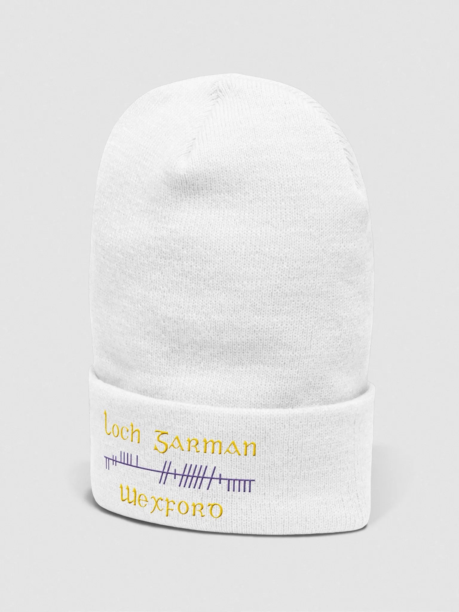 Wexford/Loch Garman, Orthodox style Ogham, purple and yellow, embroidered Cuffed Beanie product image (5)