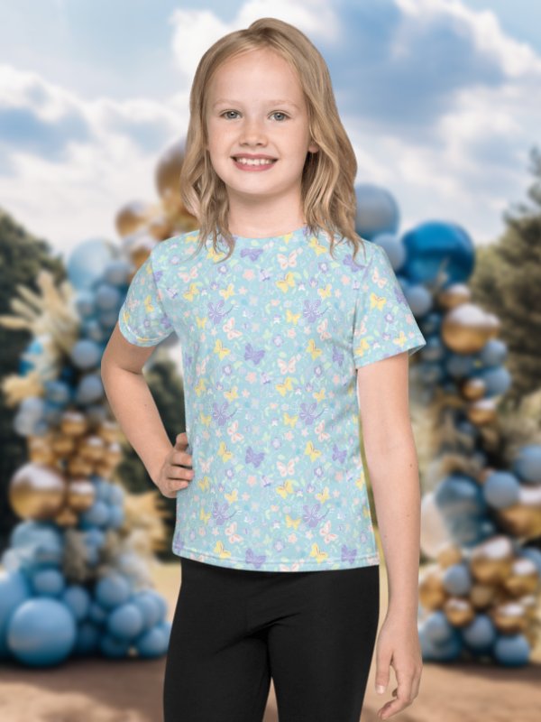 Spring Tiny Print Butterfly Pattern in Turquoise Blue Kids T-Shirt product image (1)