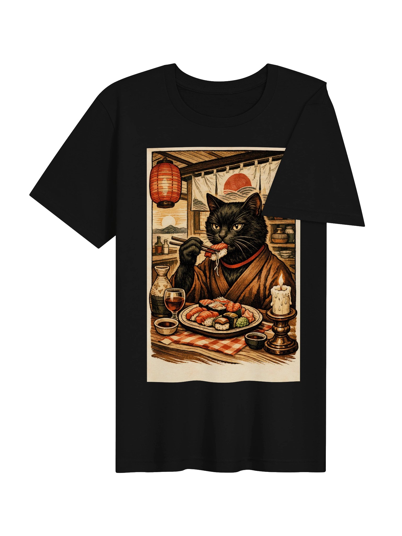 Japanese Sushi Cat T-Shirt - Vintage Ukiyo-e Black Cat Foodie Tee product image (26)