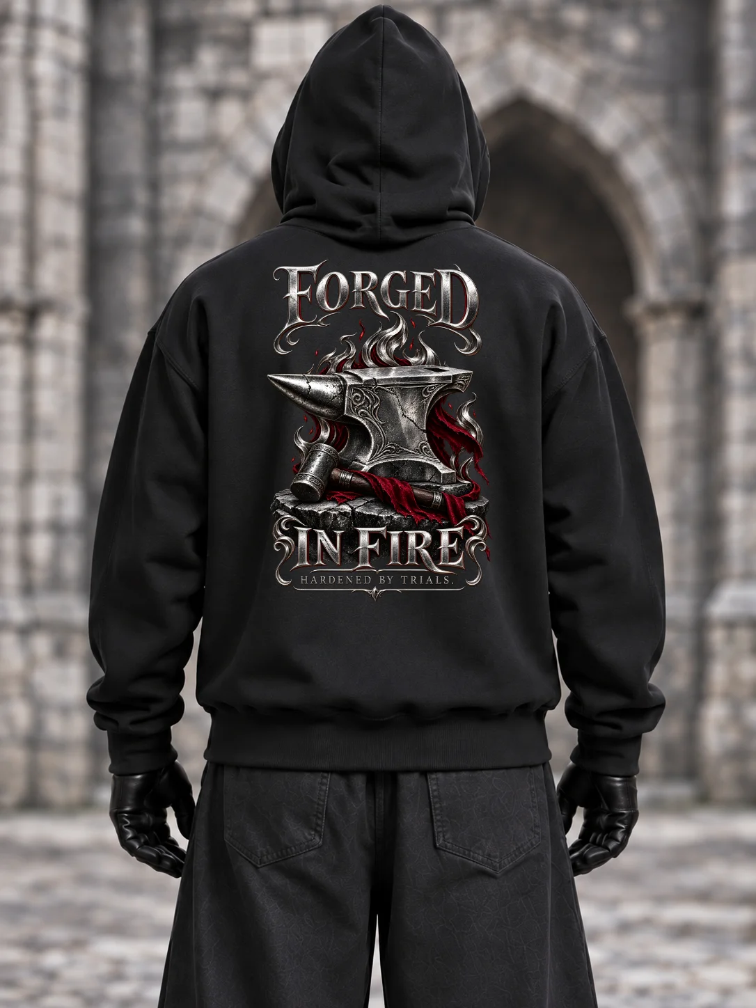 Forged in Fire Hoodie – Silver Anvil & Crimson Flames Dark Fantasy Design product image (1)