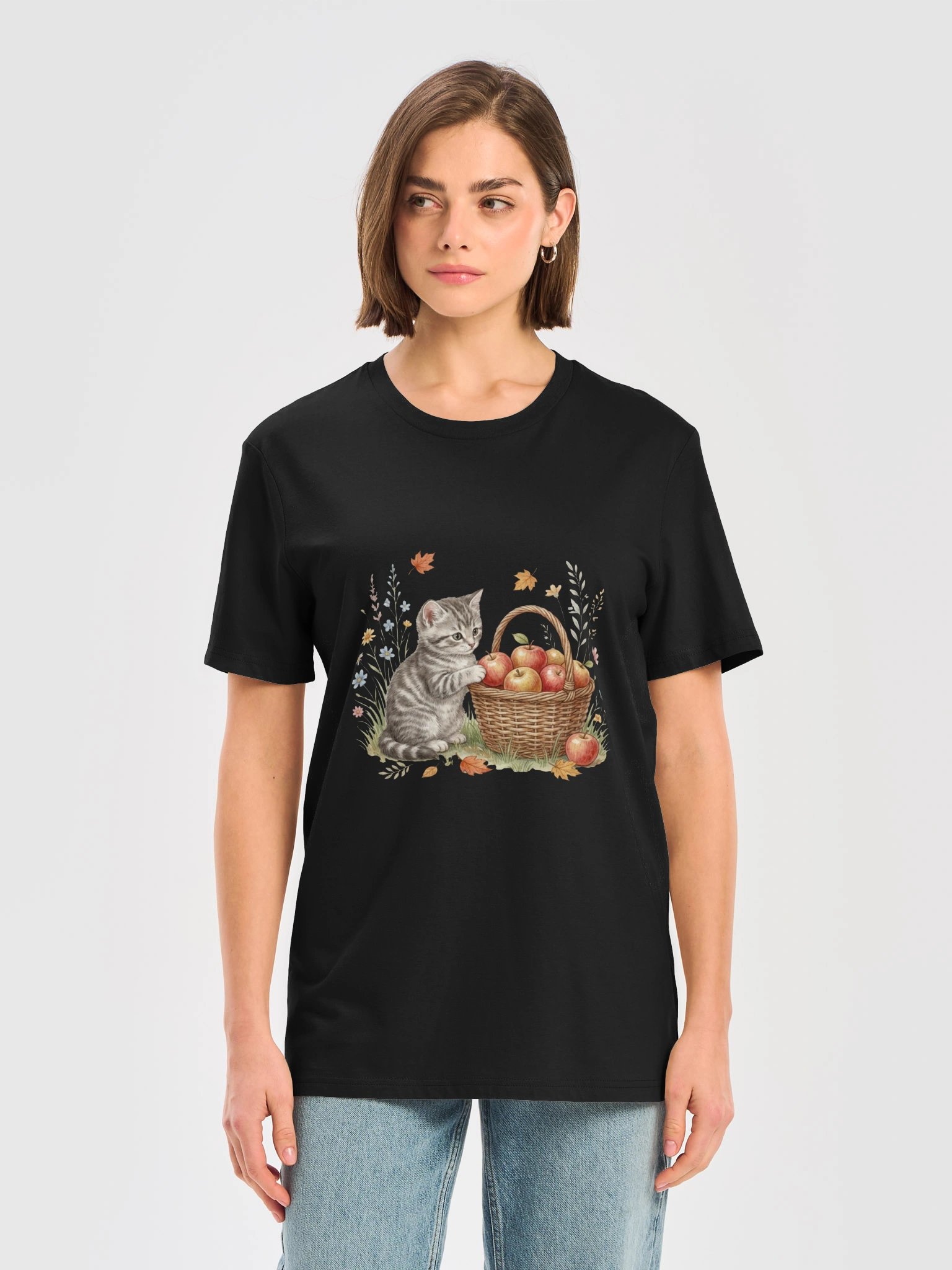 Vintage Watercolor Kitten with Autumn Apple Basket T-Shirt product image (9)