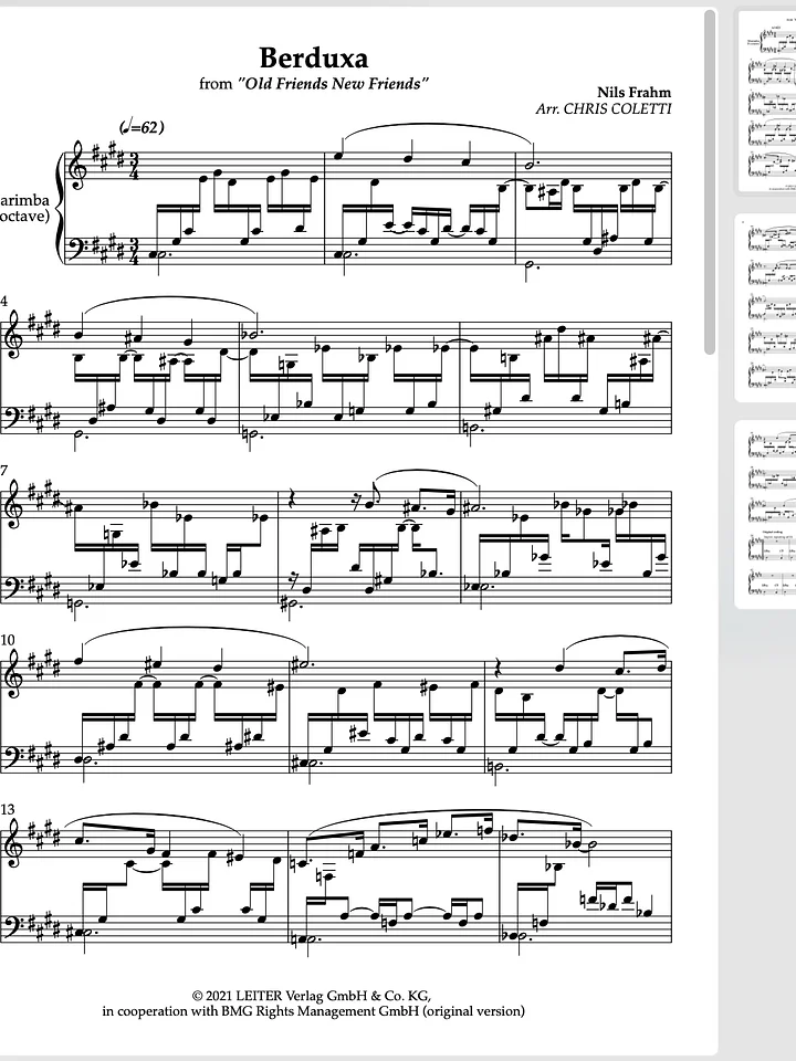 Marimba Solo: BERDUXA by Nils Frahm (arr. Chris Coletti) product image (1)