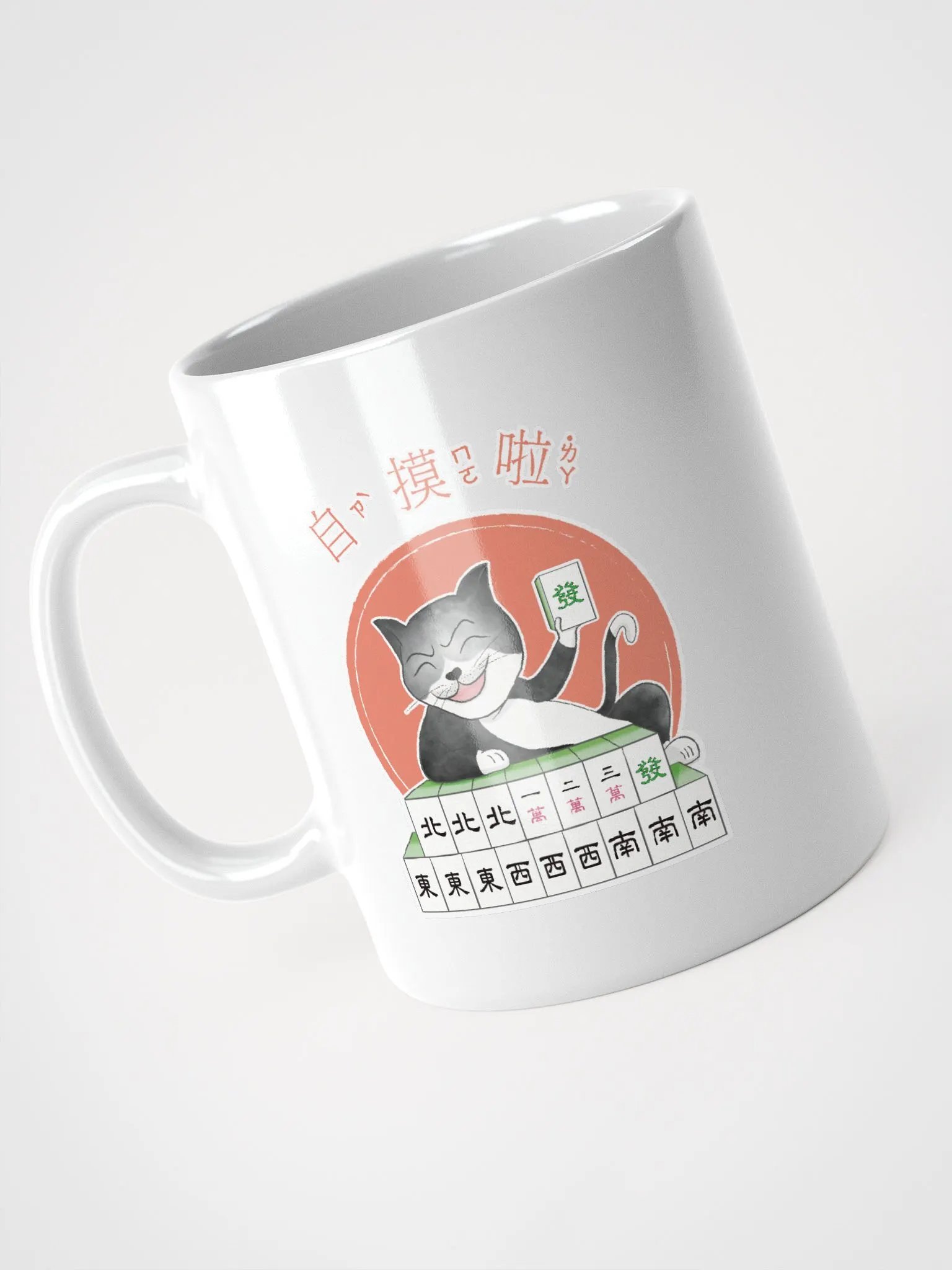 black mahjong cat win white coffee mug product image (5)