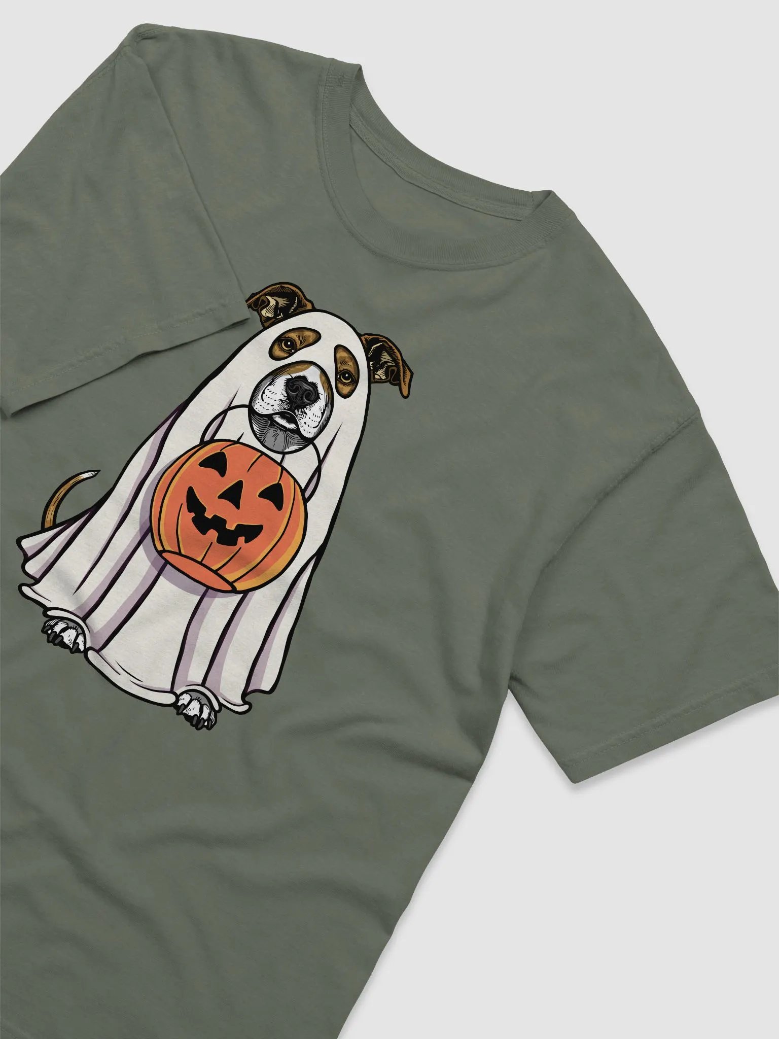 Funny Halloween Pitbull Terrier(Brindle) T-Shirt | Funny Pittie Wearing a Ghost Costume and Holding a Pumpkin Basket product image (6)