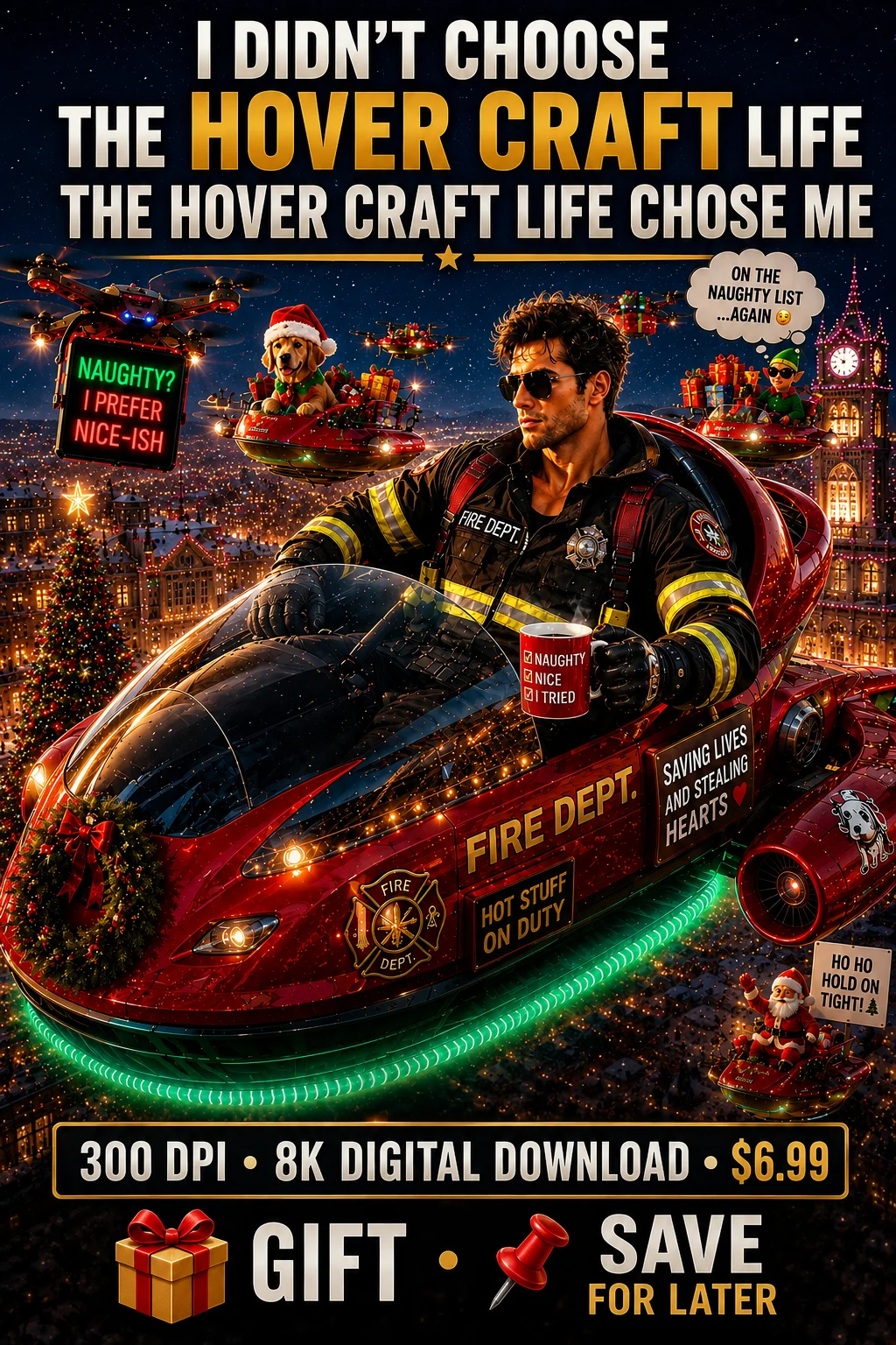 Funny Christmas Hovercraft Wall Art Digital Download Firefighter Gift 8K Holiday Poster Decor product image (1)