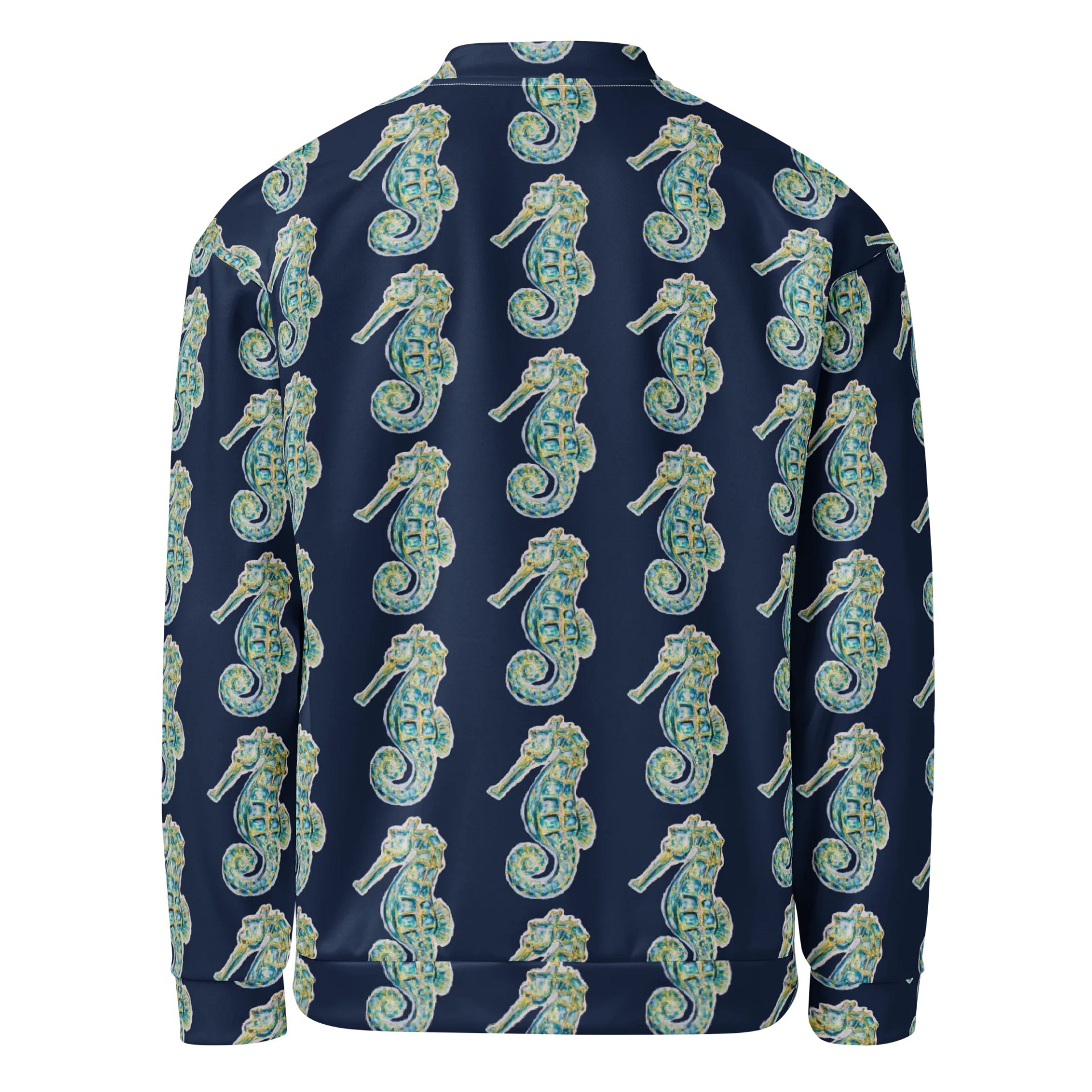 All-Over Print Bomber Jacket | Coastal Cool, City Bold | Monique Faella Designs™ Style | Painted Seahorses Pattern product image (2)