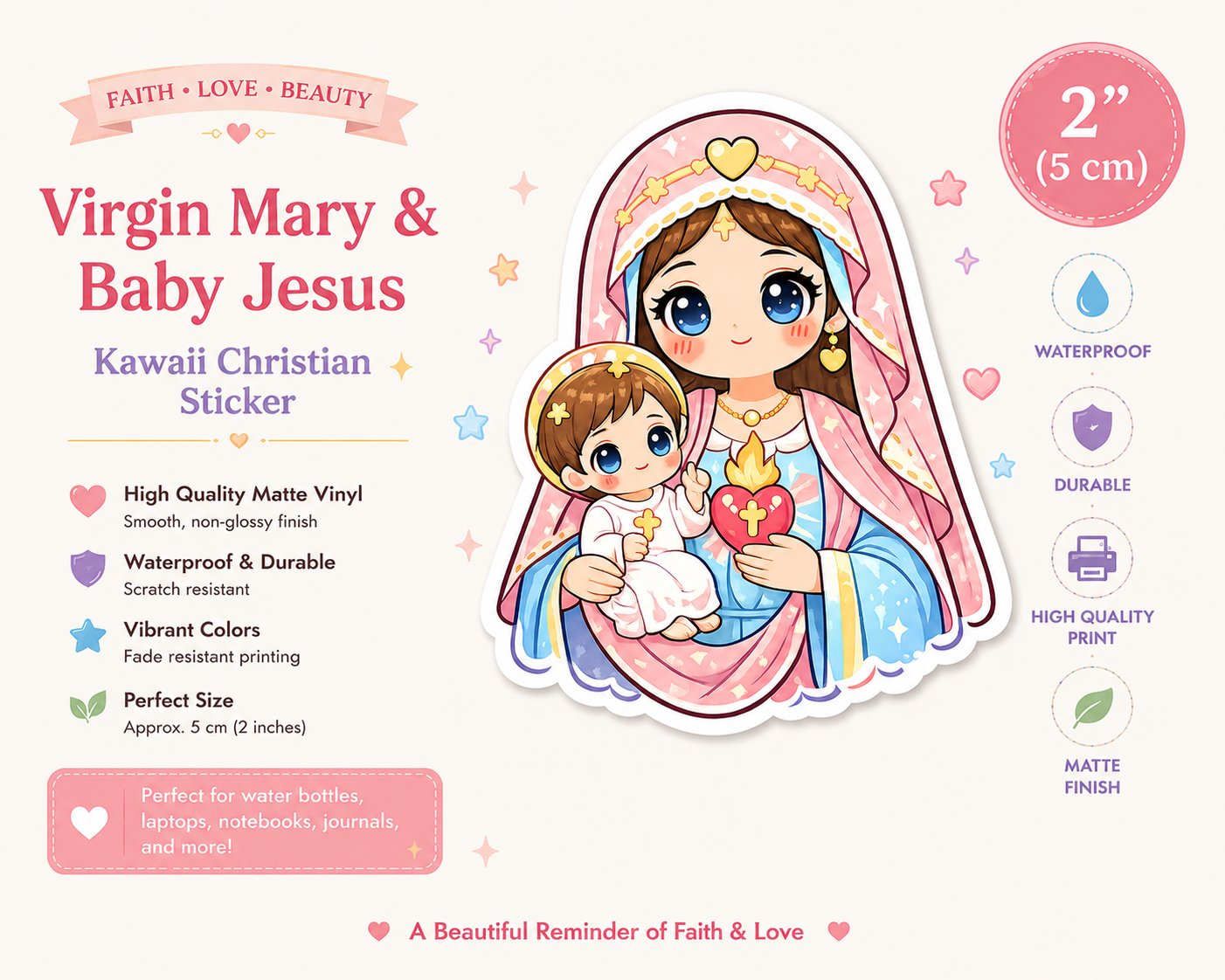 Virgin Mary Sticker, Catholic stationery, Christian stickers, kawaii Goddess Baby Jesus sticker, chibi icons product image (3)
