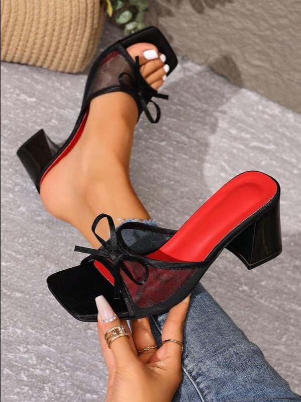 Black Bow Slingback Pyramid Heel Sandals | ADLEST product image (1)