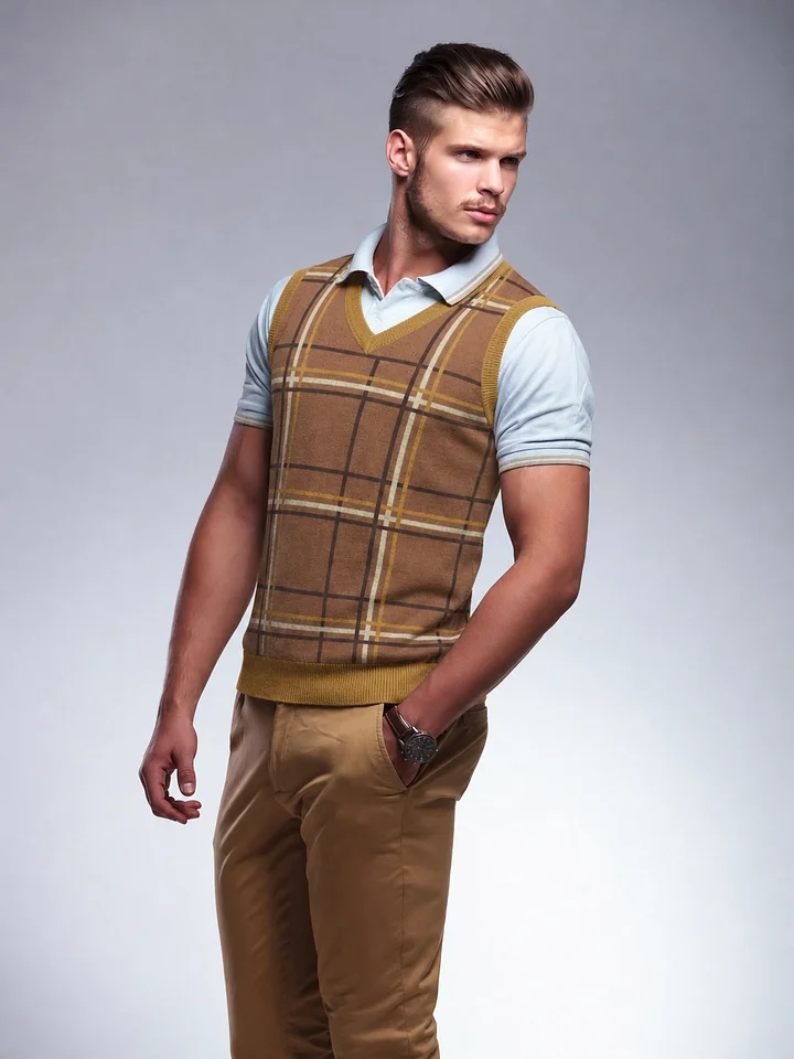 Plaid Coffee Unisex Knit Vest product image (1)