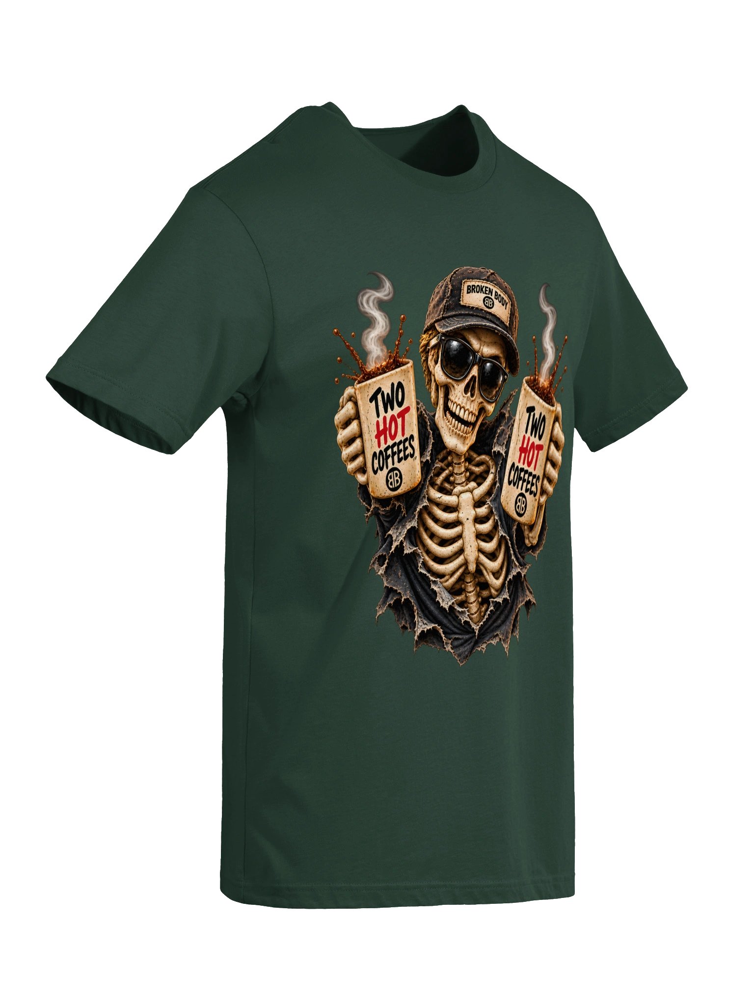 Funny Halloween Skeleton Coffee Shirt — Two Hot Coffees™ Single-Print Tee | Holly-Ween™ product image (7)