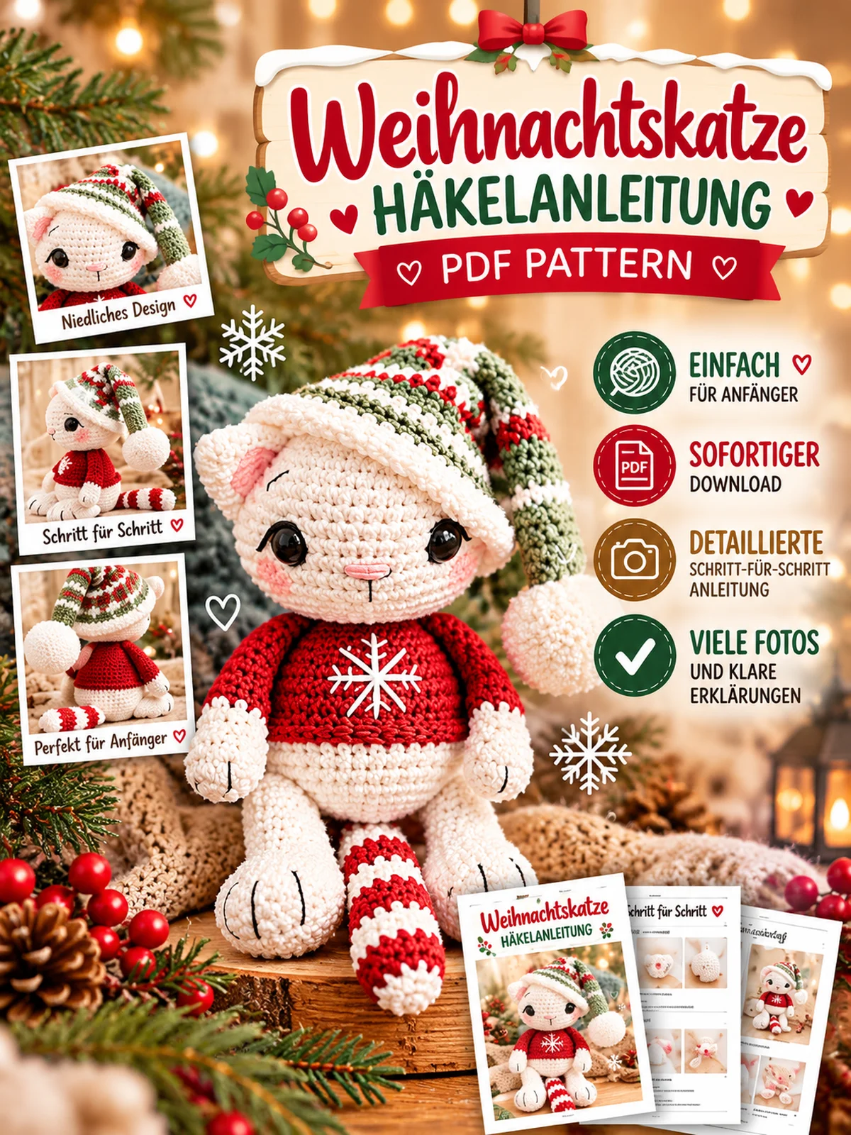 Weihnachtskatze häkeln – Einfache Amigurumi PDF Anleitung für Anfänger product image (1)