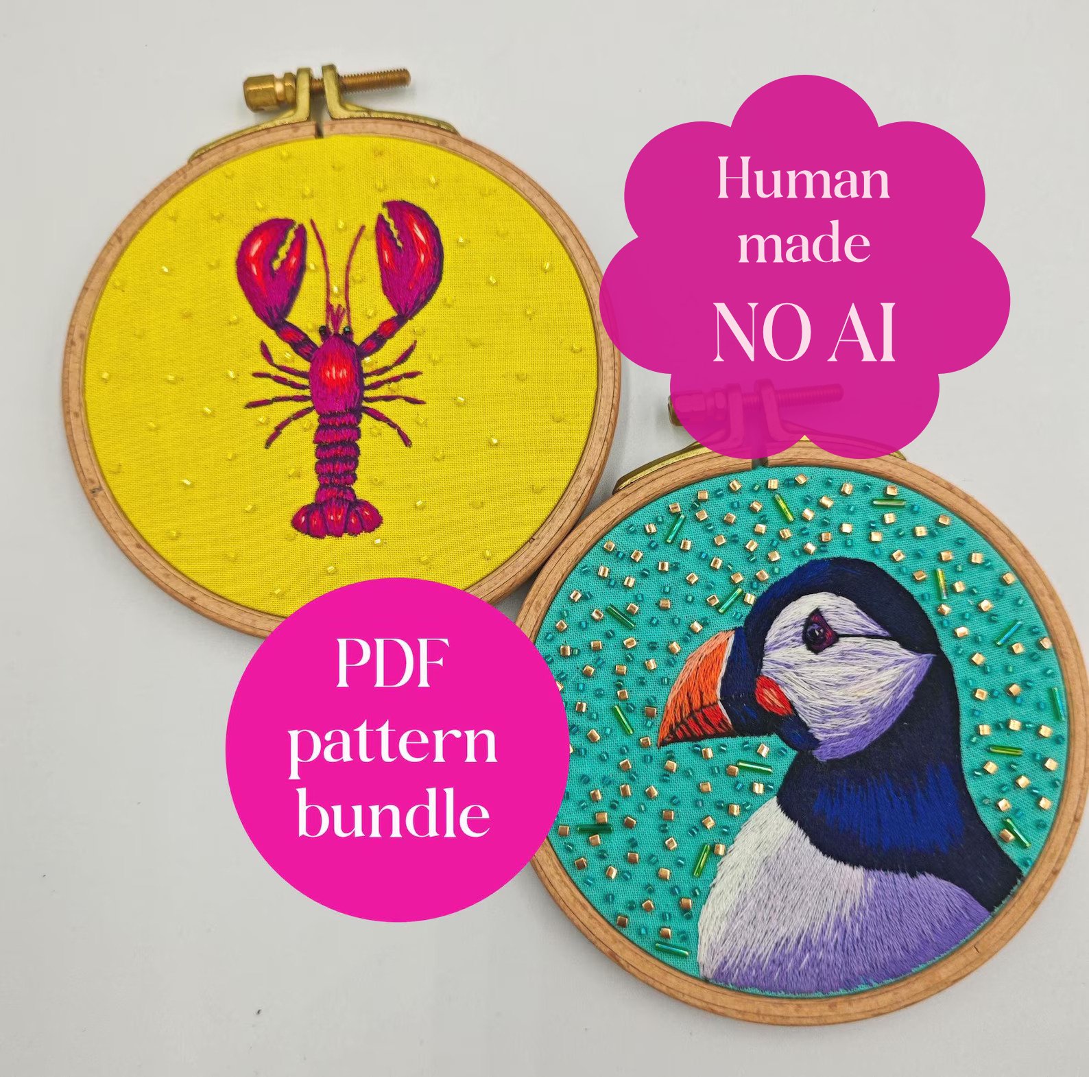 PDF nautical embroidery pattern bundle, puffin and lobster, beach bird, seaside product image (1)