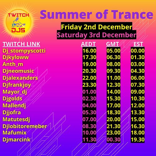 Summer never ends on twitch and I am happy to announce I’ll be joining the @twitchdjs for another edition of #summeroftrance ...