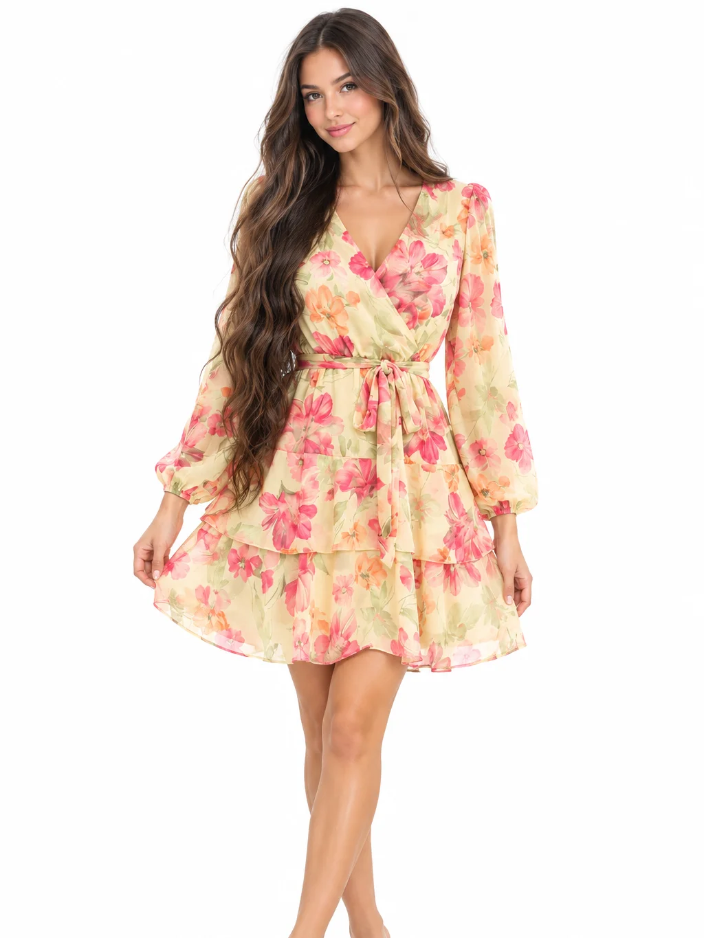 KARISMINA Women's Black Floral Mini Dress V-Neck Puff Sleeve Printed Cinched Waist Ruffle Hem A-Line Autumn Vacation Beach Party Dinner Date Resort Elegant product image (4)