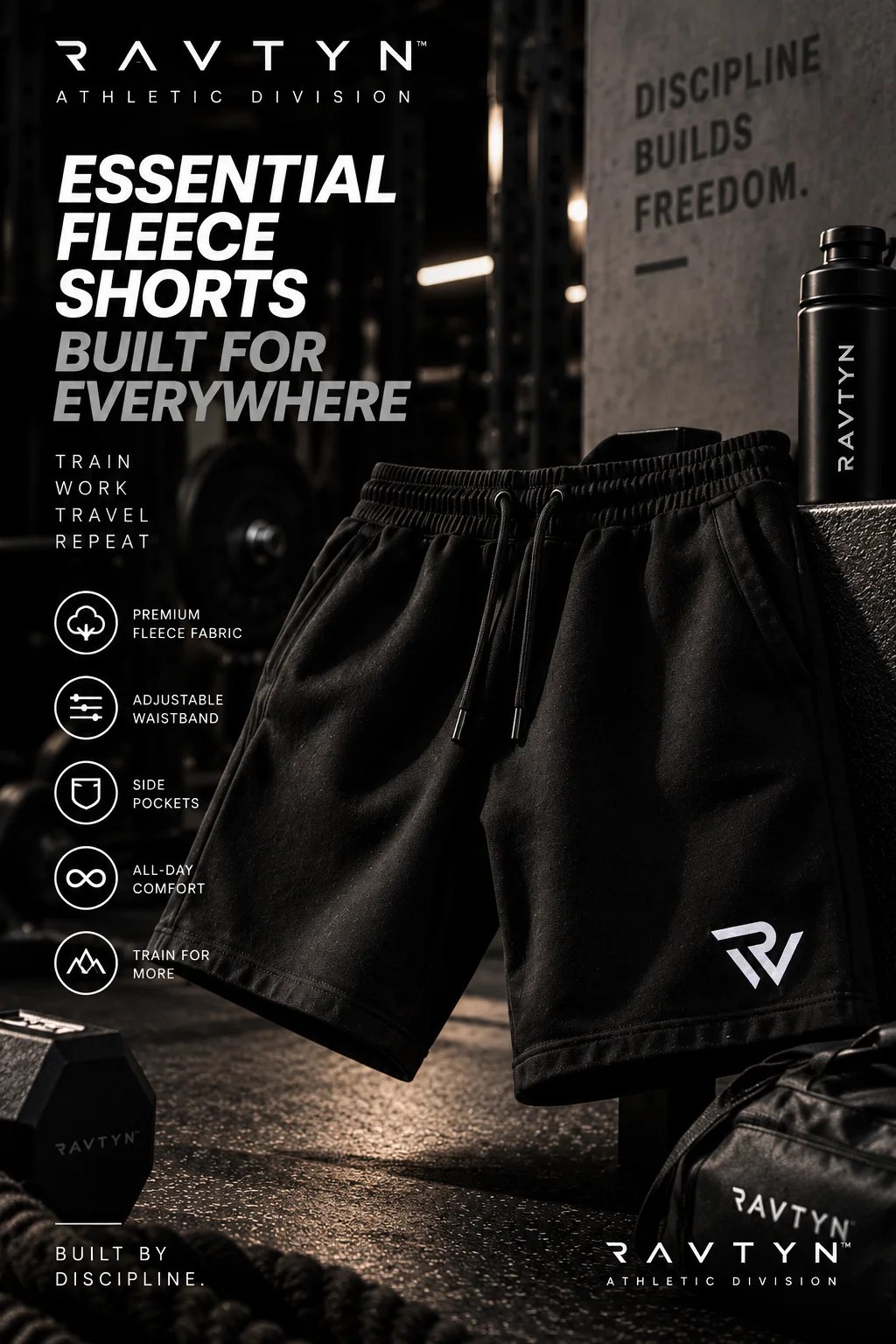 RAVTYN Essential Fleece Shorts — Black product image (1)