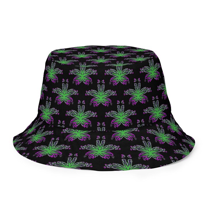 Twisted Weed Leaf Pattern Bucket Hat, Summer Stoner Style Accessory, Green Purple Black Cannabis Fashion product image (2)