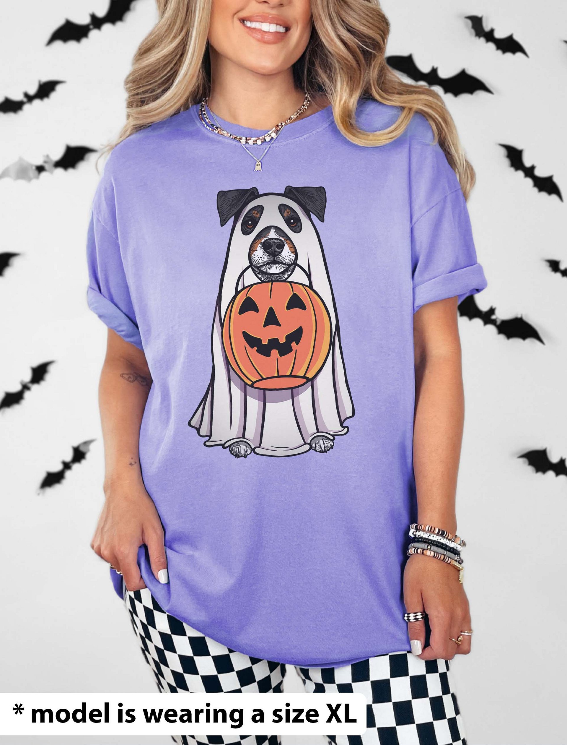 Funny Halloween Jack Russell Terrier(Tricolor) T-Shirt | Funny JRT Wearing a Ghost Costume and Holding a Pumpkin Basket product image (2)
