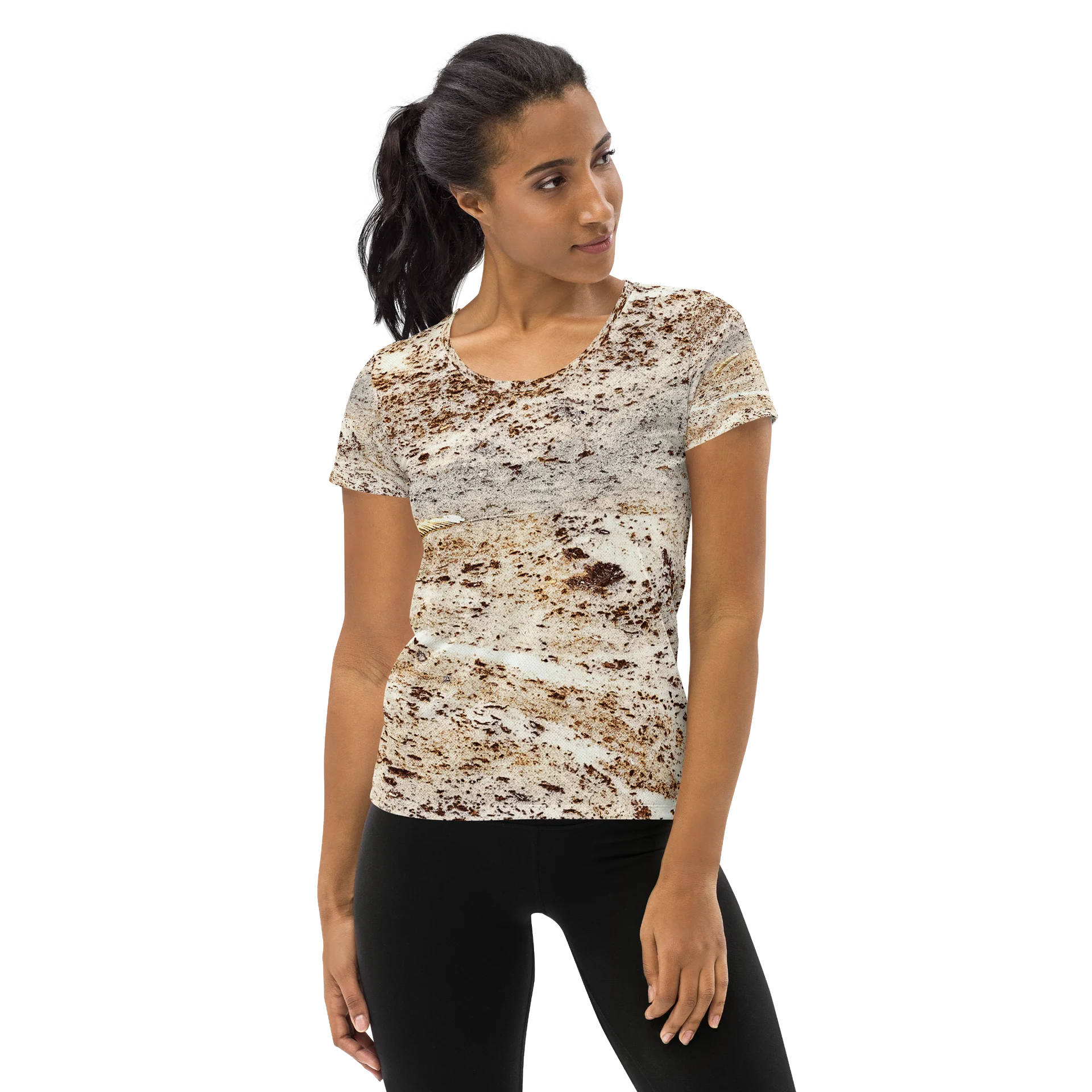 Espresso Swirl: Women’s All-Over Print Earthy Brown & Cream Athletic Tee product image (1)